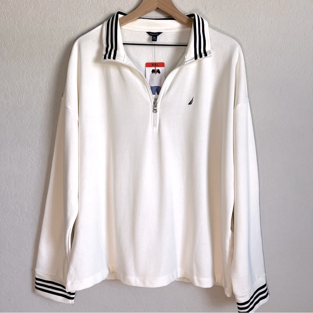 NAUTICA 1/4 Zip Polo Pullover Top Lightweight Sweatshirt White Navy NWT XXL - Picture 2 of 9